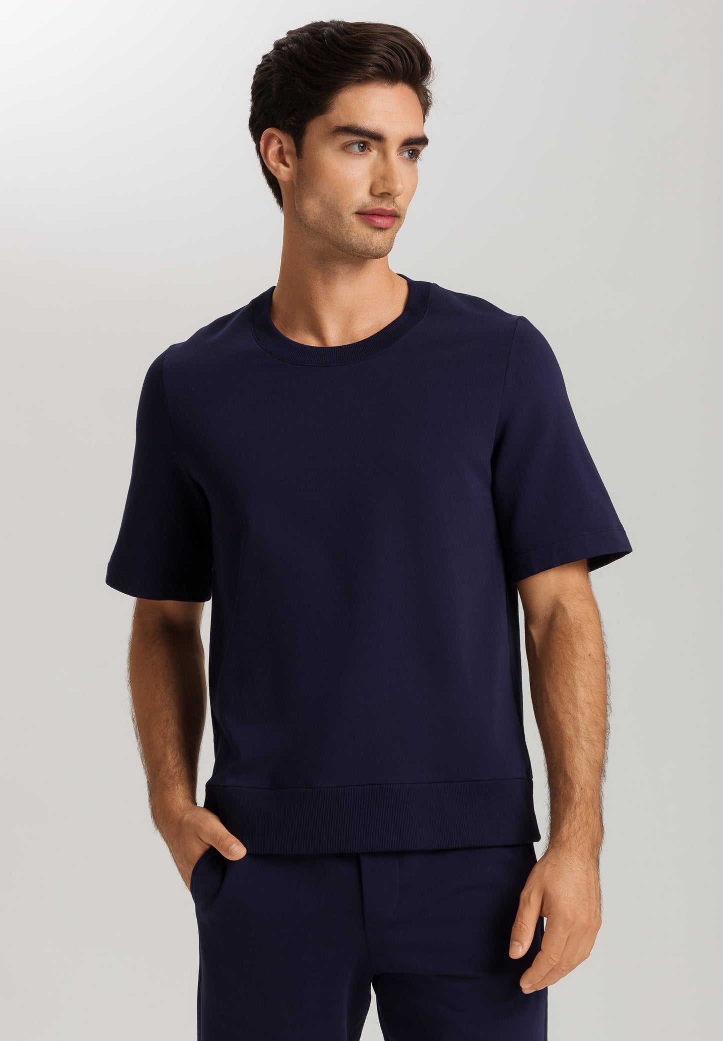 The Micro Touch-Short Sleeve Sweatshirt By Hanro in Deep Navy