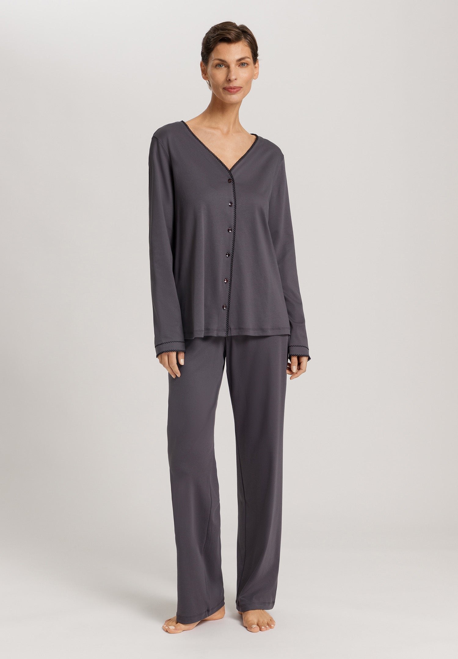 The Una Long Sleeve Pajama By Hanro in Black Pearl