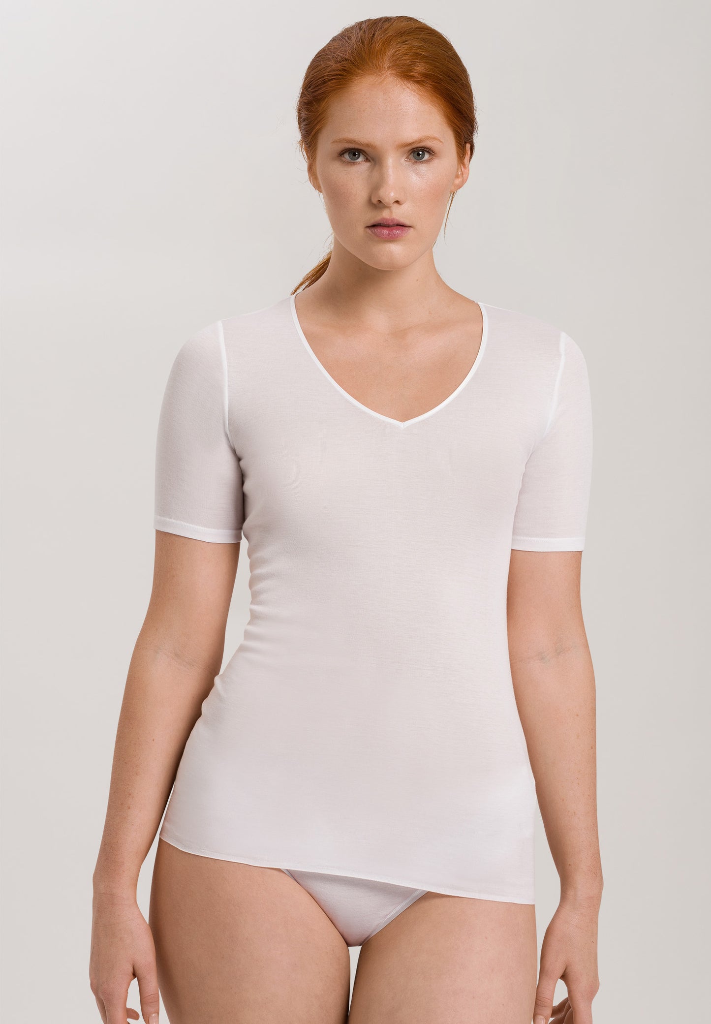 HANRO White Cotton Seamless V-Neck Short Sleeve Shirt
