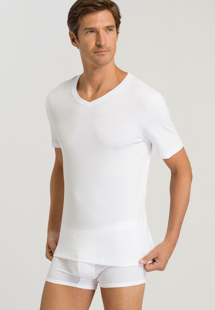 HANRO Mens Sea Island Cotton V-Neck Shirt in white