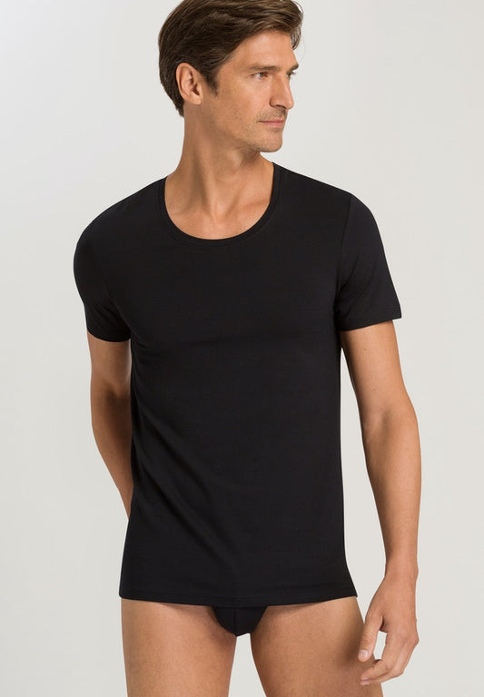 HANRO Black Cotton Superior Short Sleeve Shirt