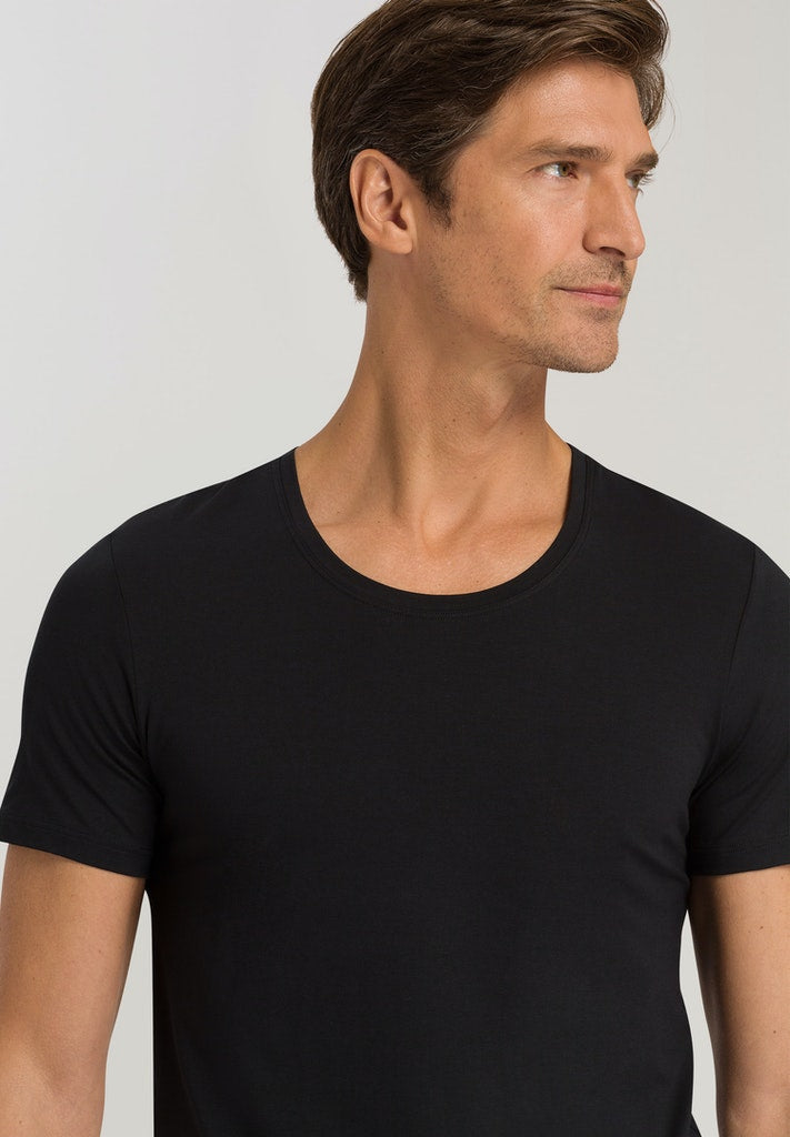 HANRO Black Cotton Superior Short Sleeve Shirt