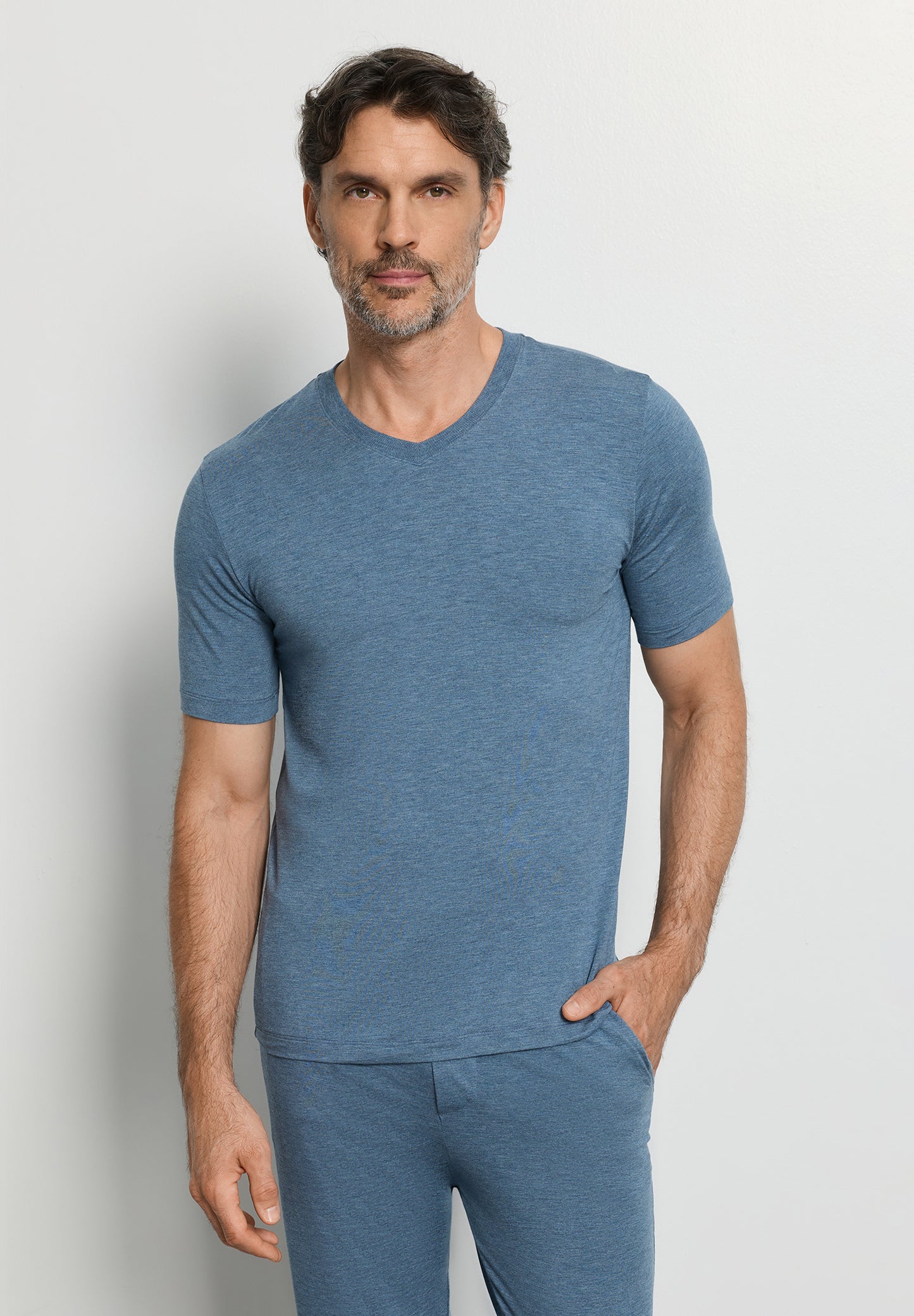 The Casuals-S/Slv Shirt V-Neck by HANRO in Retro Blue Melange