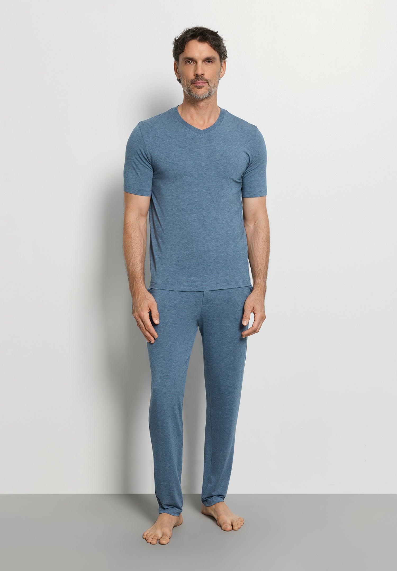 The Casuals-S/Slv Shirt V-Neck by HANRO in Retro Blue Melange