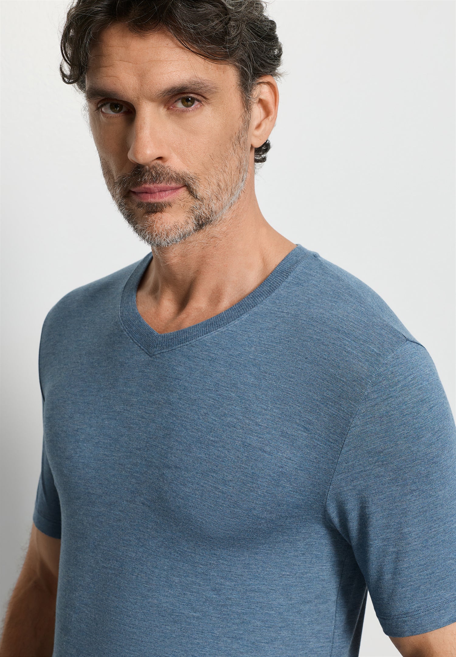 The Casuals-S/Slv Shirt V-Neck by HANRO in Retro Blue Melange