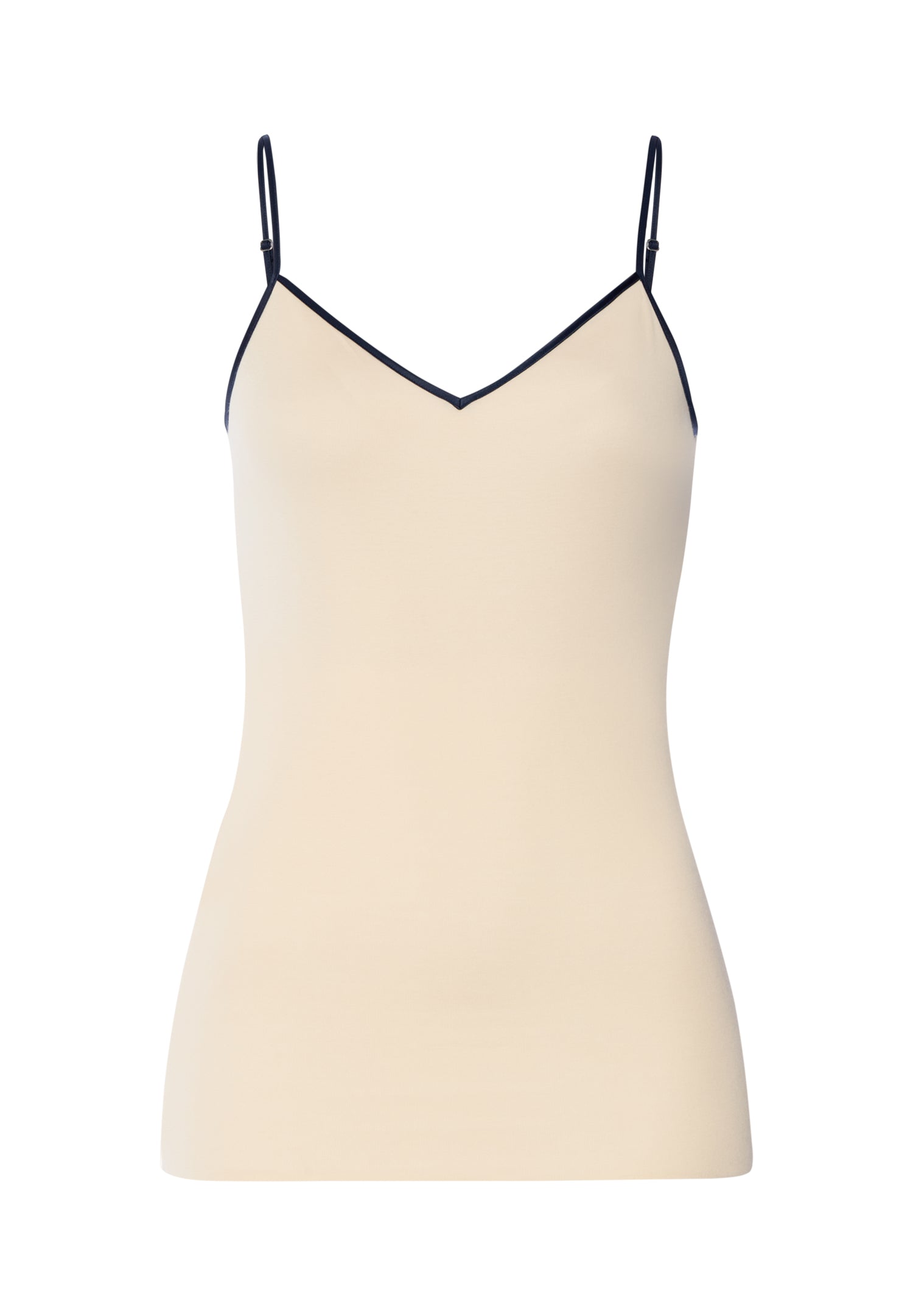 The Cotton Seamless-Spaghetti Top by HANRO in Summer Sand/Deep Navy