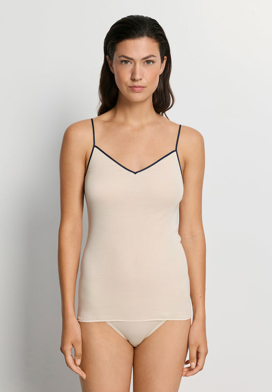The Cotton Seamless-Spaghetti Top by HANRO in Summer Sand/Deep Navy