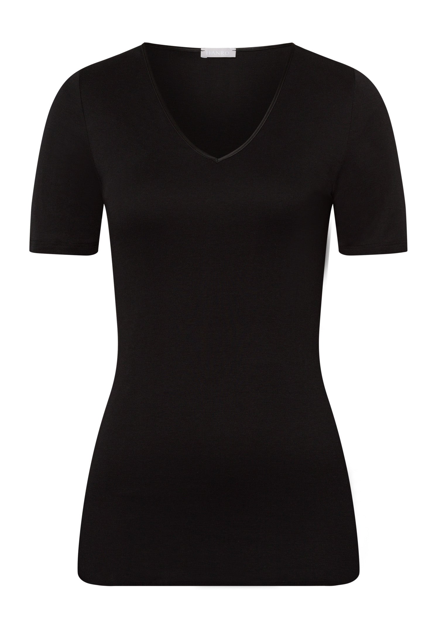 HANRO Black Cotton Seamless V-Neck Short Sleeve Shirt