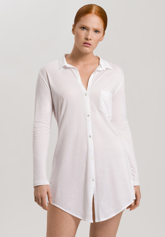 HANRO White Cotton Deluxe Long Sleeve Nightshirt